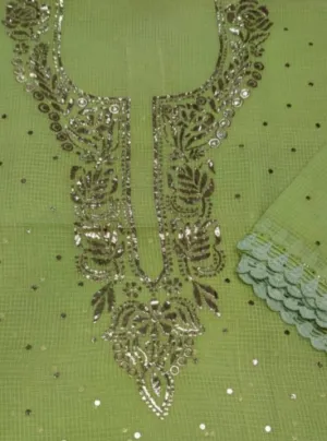 Leaf Green Kota Doria Chikan work Salwar Suit unstitched online