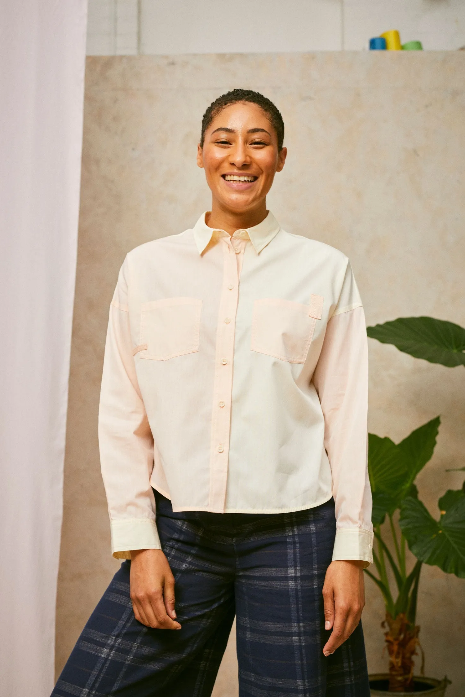 Lela Patchwork Shirt, Pastel Orange/ Yellow Cotton
