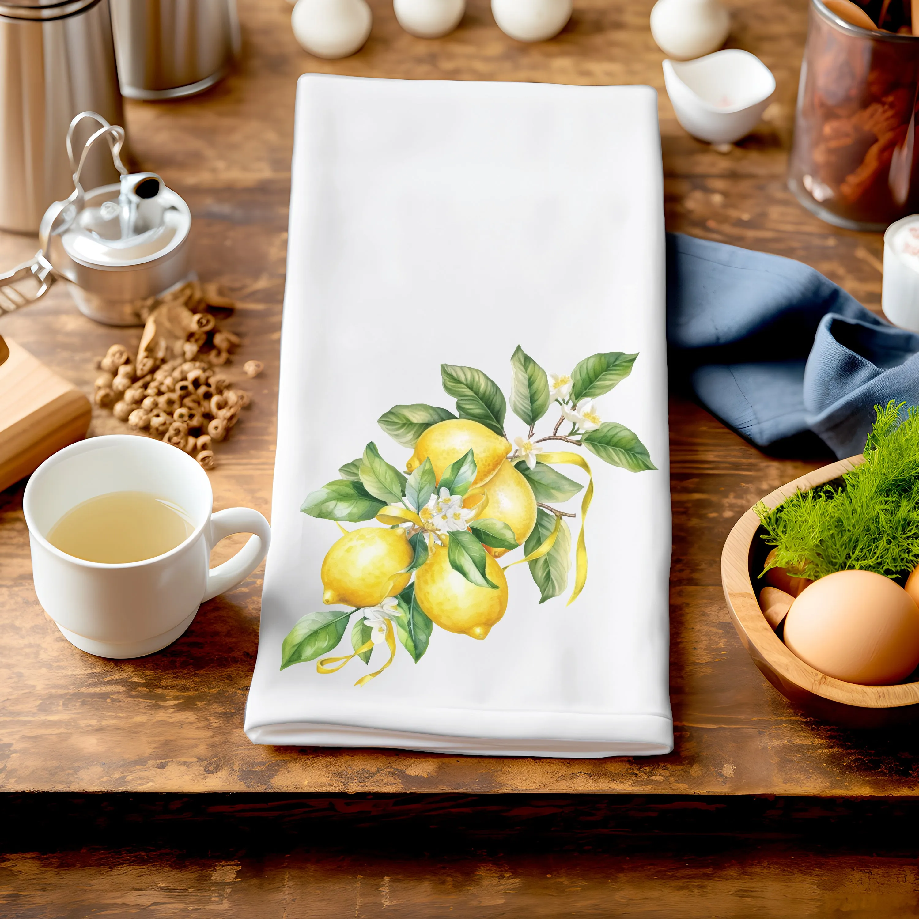 Lemon Kitchen tea towel | 100% cotton Tea Towel hand printed | Yellow kitchen decor | Preppy Coastal Collection