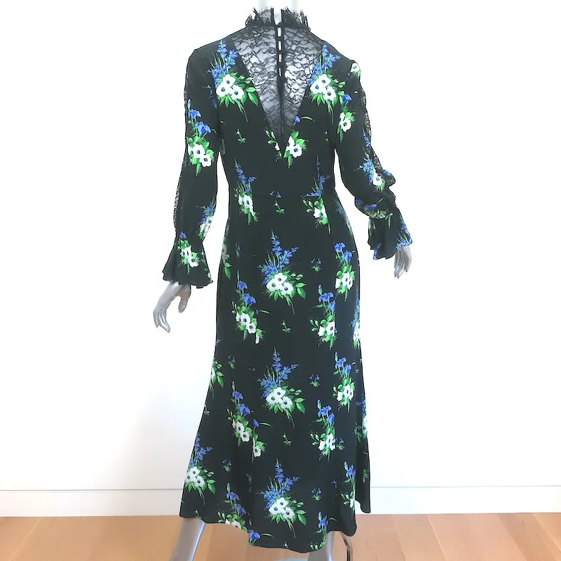 Les Reveries Long Sleeve Victorian Dress Black Daffodil Print Silk Size 6 NEW