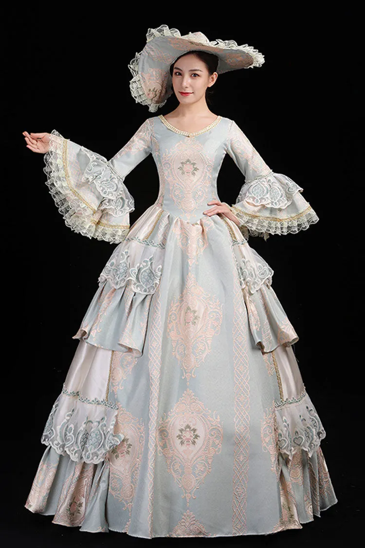 Light Blue Hime Sleeves High Waisted Round Collar Lace Stitching Hollow Embroidery Flower Print Victorian Lolita Prom Dress