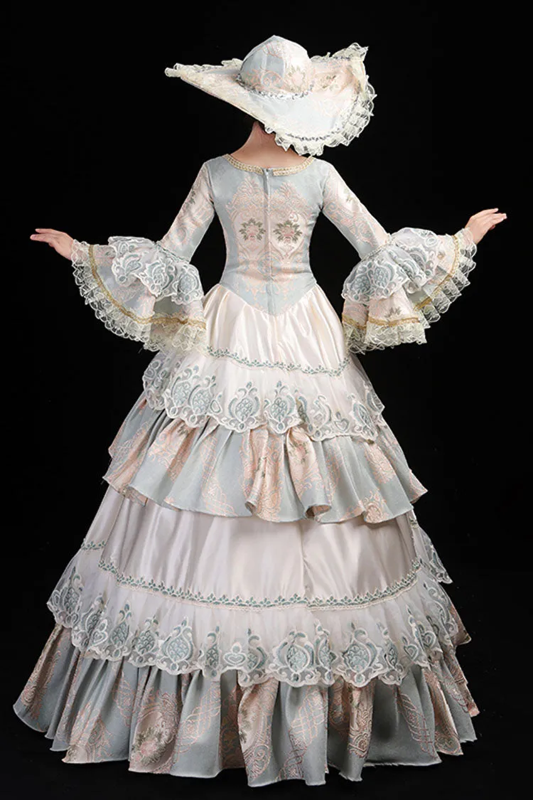 Light Blue Hime Sleeves High Waisted Round Collar Lace Stitching Hollow Embroidery Flower Print Victorian Lolita Prom Dress