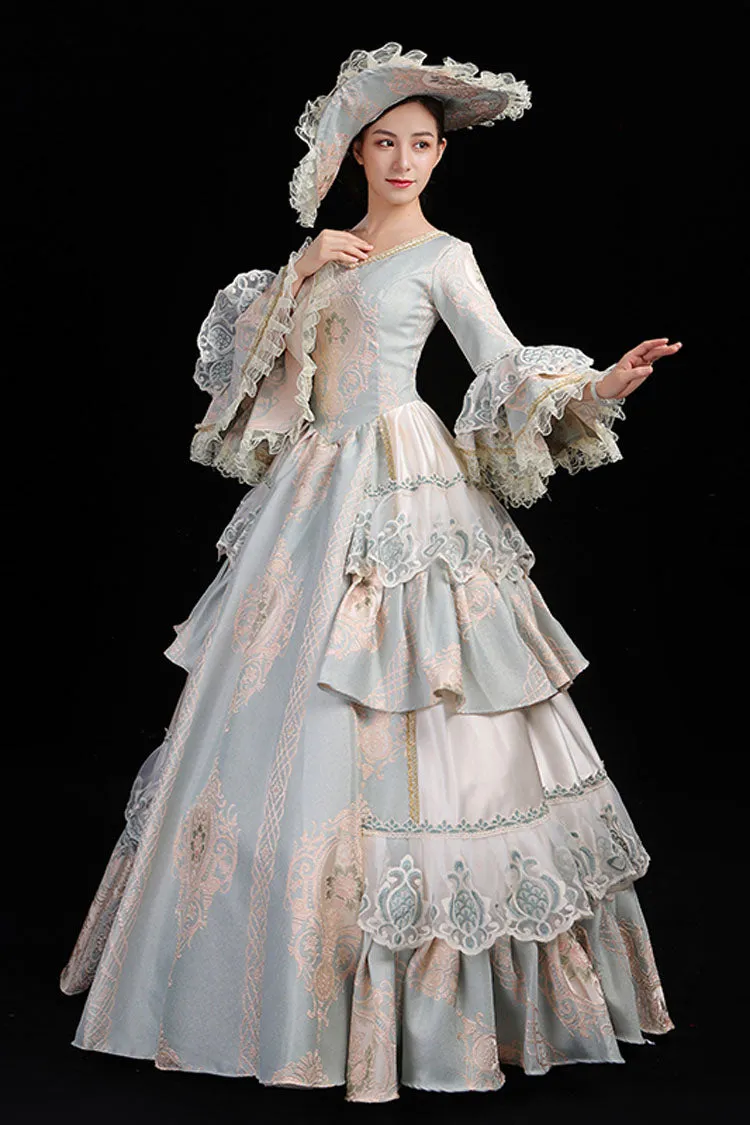 Light Blue Hime Sleeves High Waisted Round Collar Lace Stitching Hollow Embroidery Flower Print Victorian Lolita Prom Dress