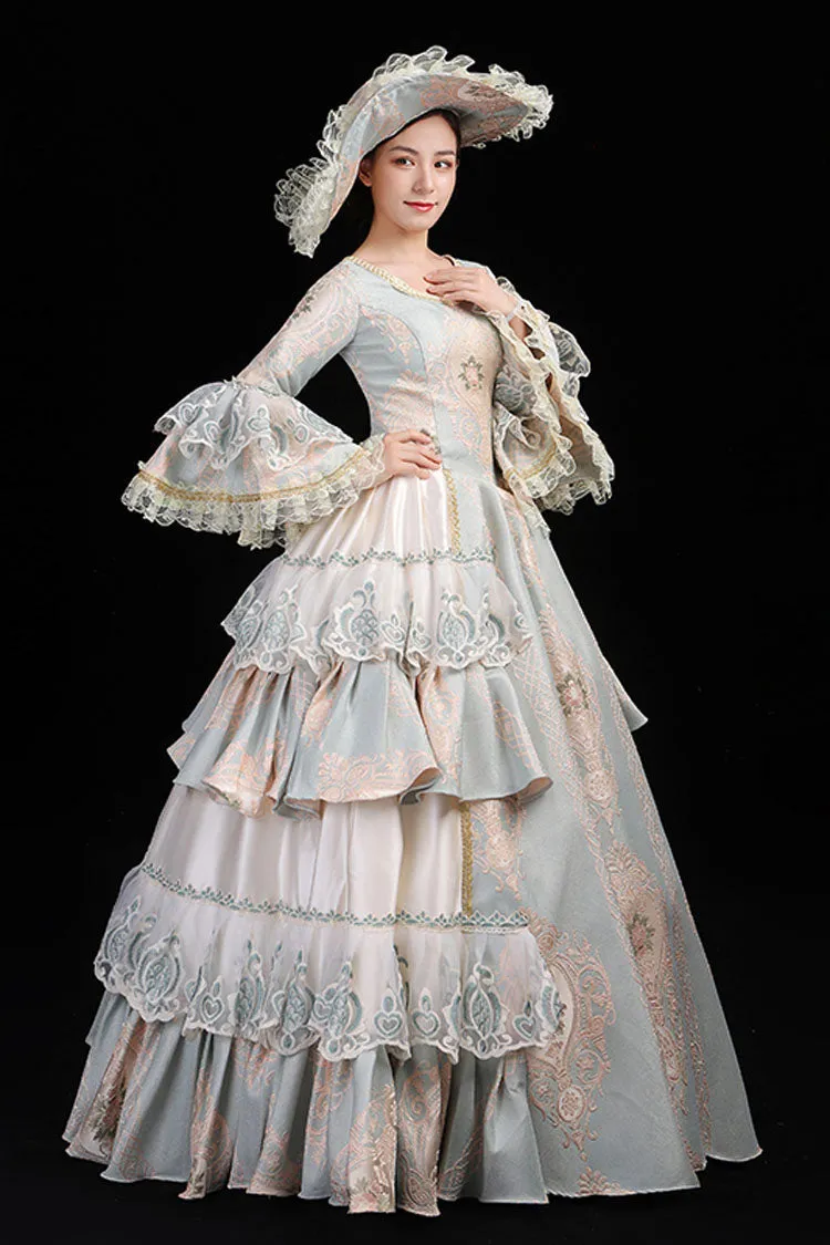 Light Blue Hime Sleeves High Waisted Round Collar Lace Stitching Hollow Embroidery Flower Print Victorian Lolita Prom Dress