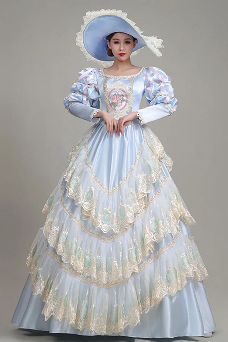 Light Blue Long Sleeves Multi-Layer Lace Stitching High Waisted Hollow Embroidery Floral Print Victorian Lolita Prom Dress