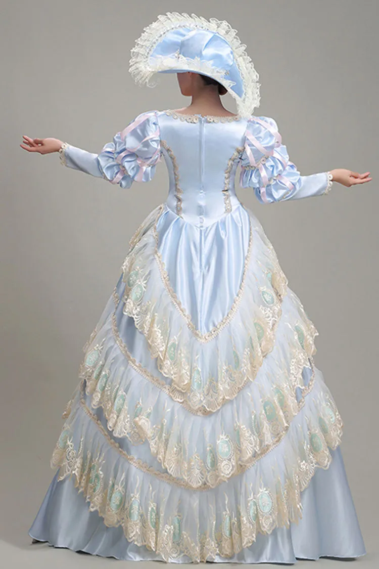 Light Blue Long Sleeves Multi-Layer Lace Stitching High Waisted Hollow Embroidery Floral Print Victorian Lolita Prom Dress