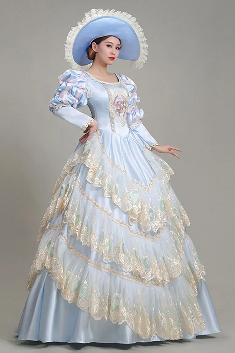 Light Blue Long Sleeves Multi-Layer Lace Stitching High Waisted Hollow Embroidery Floral Print Victorian Lolita Prom Dress