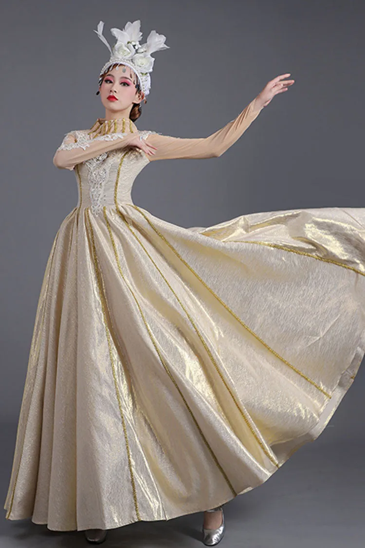 Light Golden Long Sleeves Hollow Embroidery Print High Waisted Victorian Lolita Prom Dress
