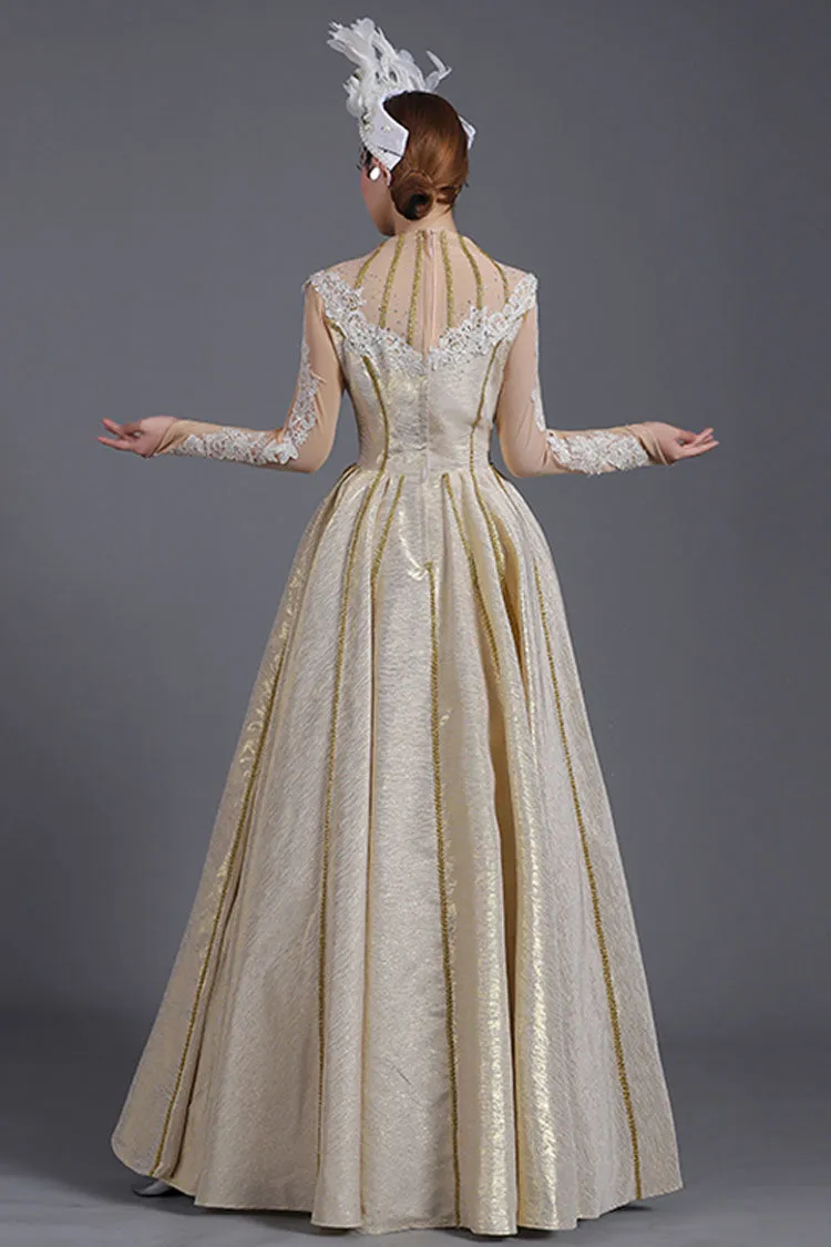 Light Golden Long Sleeves Hollow Embroidery Print High Waisted Victorian Lolita Prom Dress