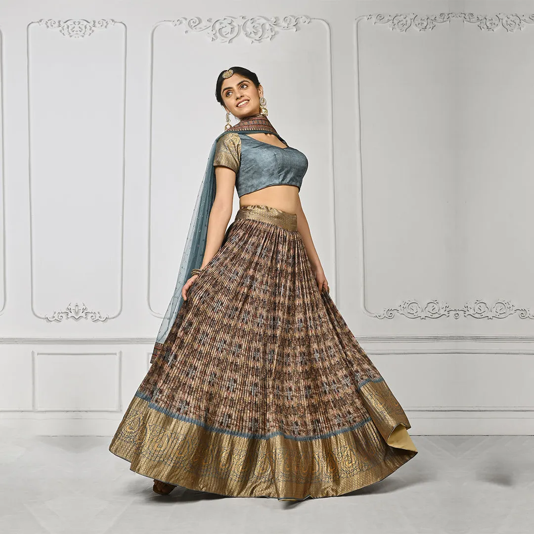 Light Grey Banarsi Lehenga Set with Golden Edge