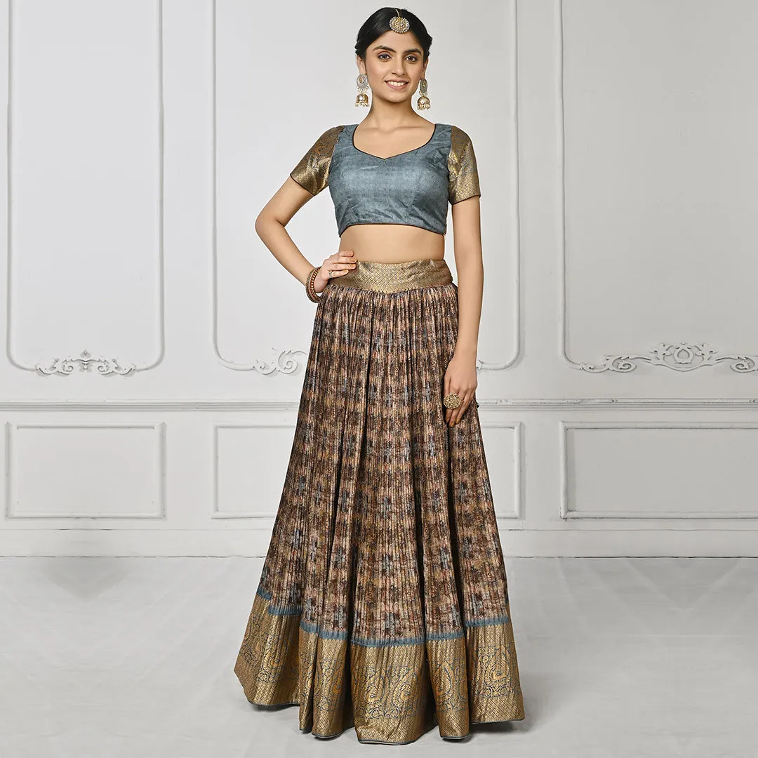 Light Grey Banarsi Lehenga Set with Golden Edge