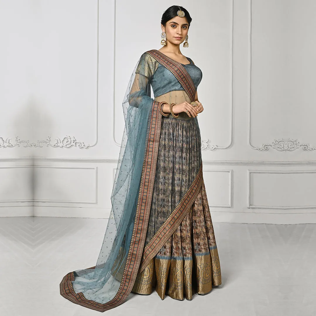 Light Grey Banarsi Lehenga Set with Golden Edge