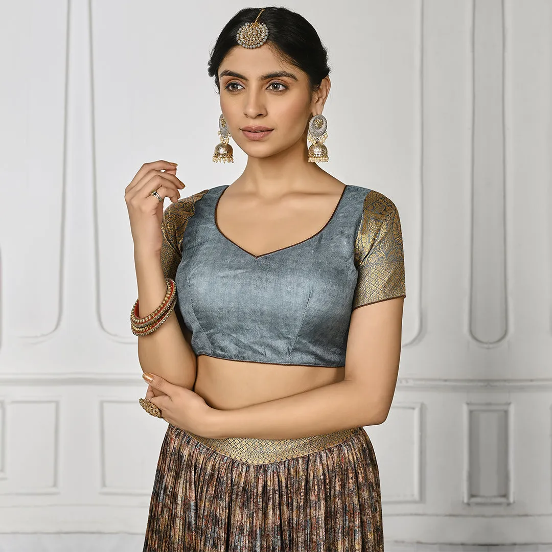 Light Grey Banarsi Lehenga Set with Golden Edge