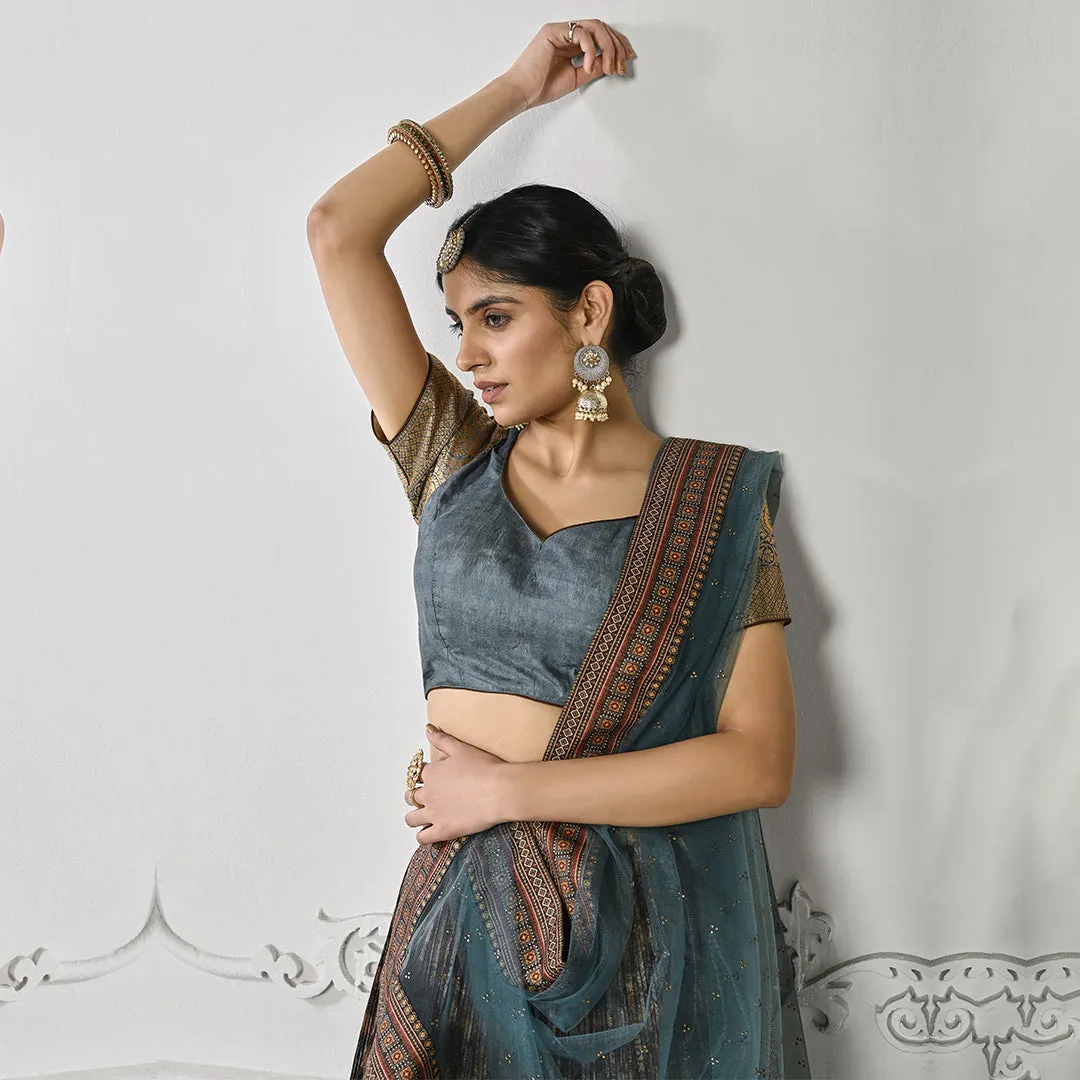 Light Grey Banarsi Lehenga Set with Golden Edge