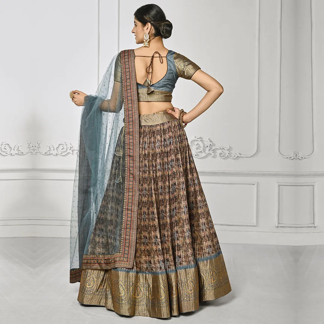Light Grey Banarsi Lehenga Set with Golden Edge