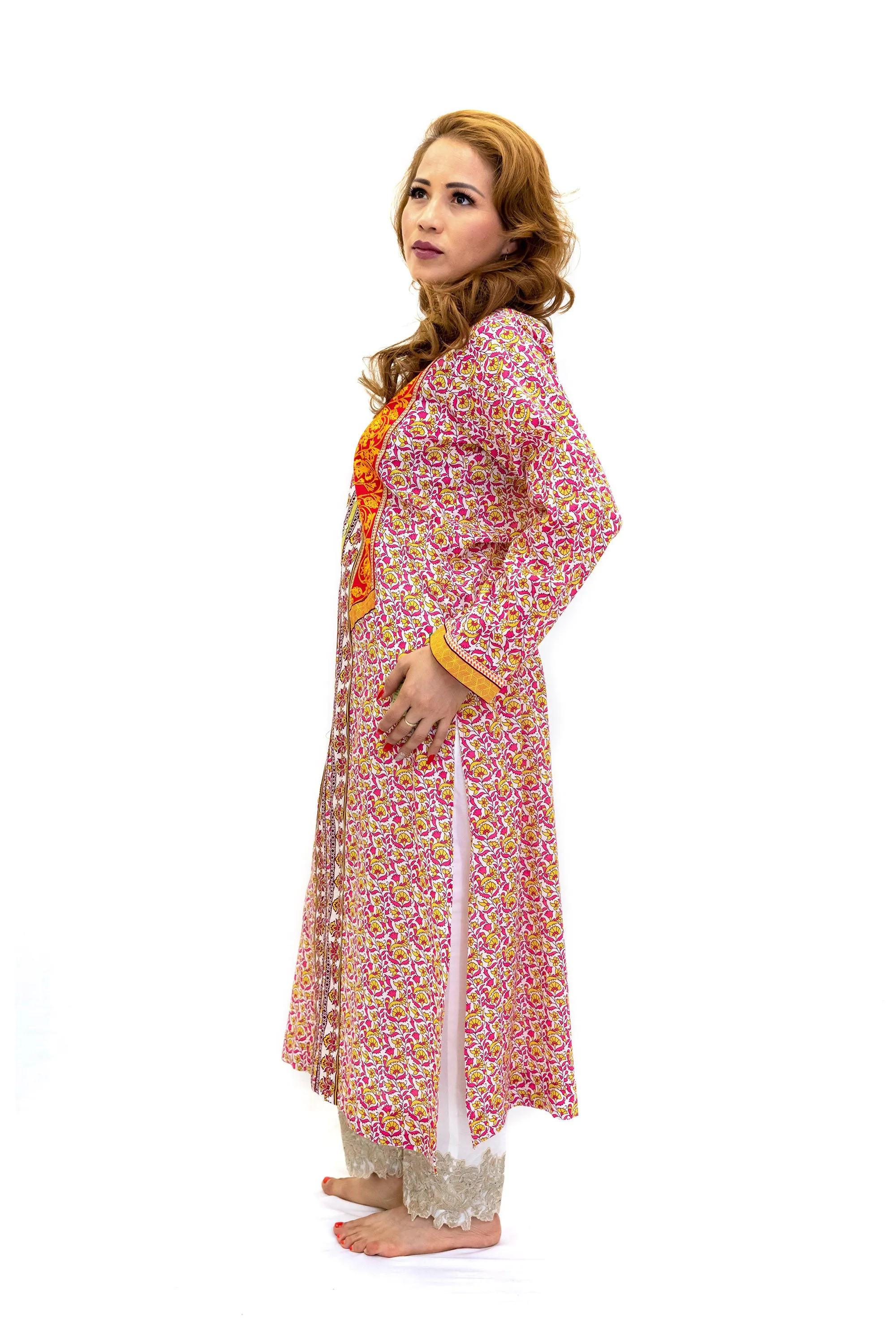 Maroon & Orange Print Cotton Kurti - Shirt