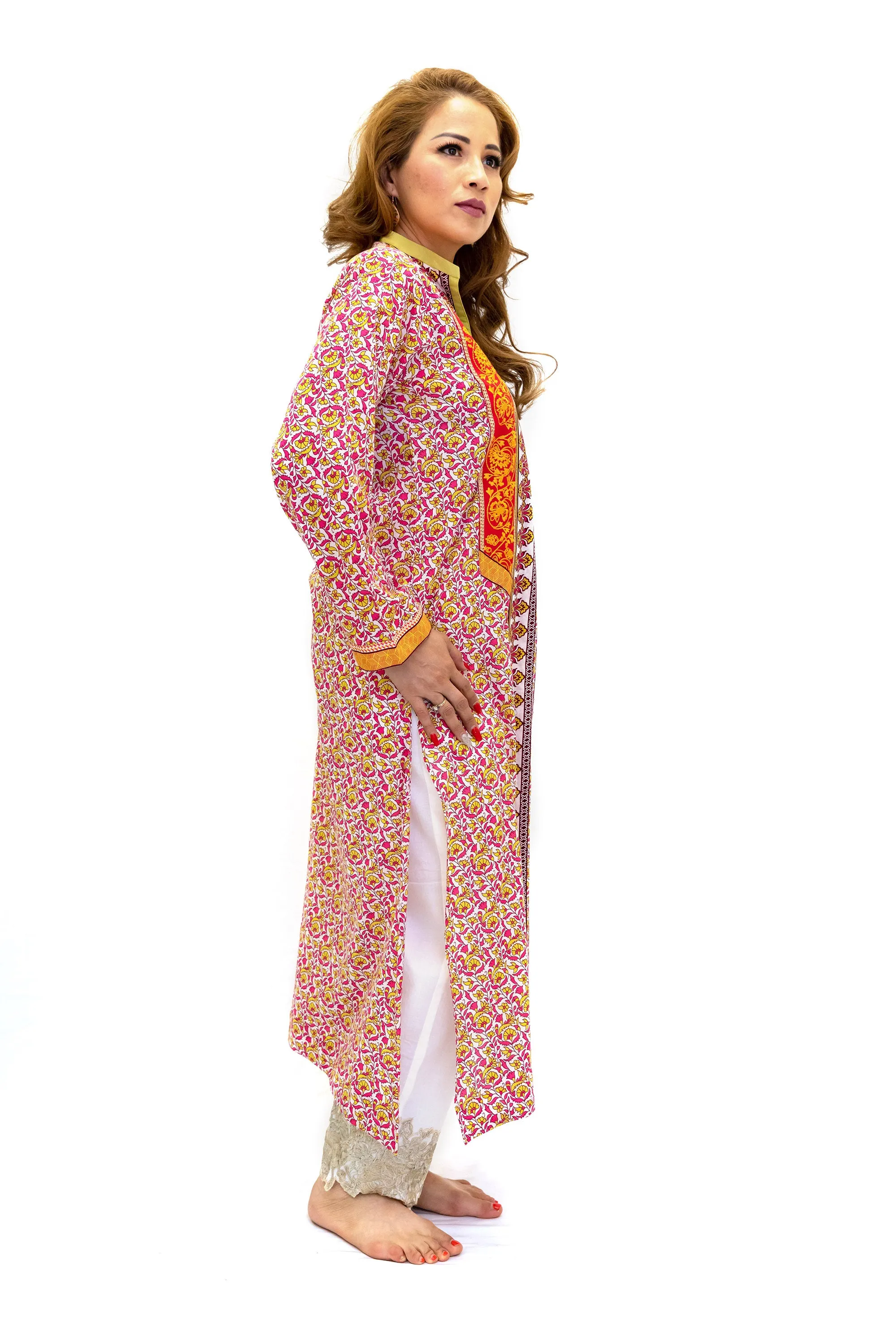 Maroon & Orange Print Cotton Kurti - Shirt