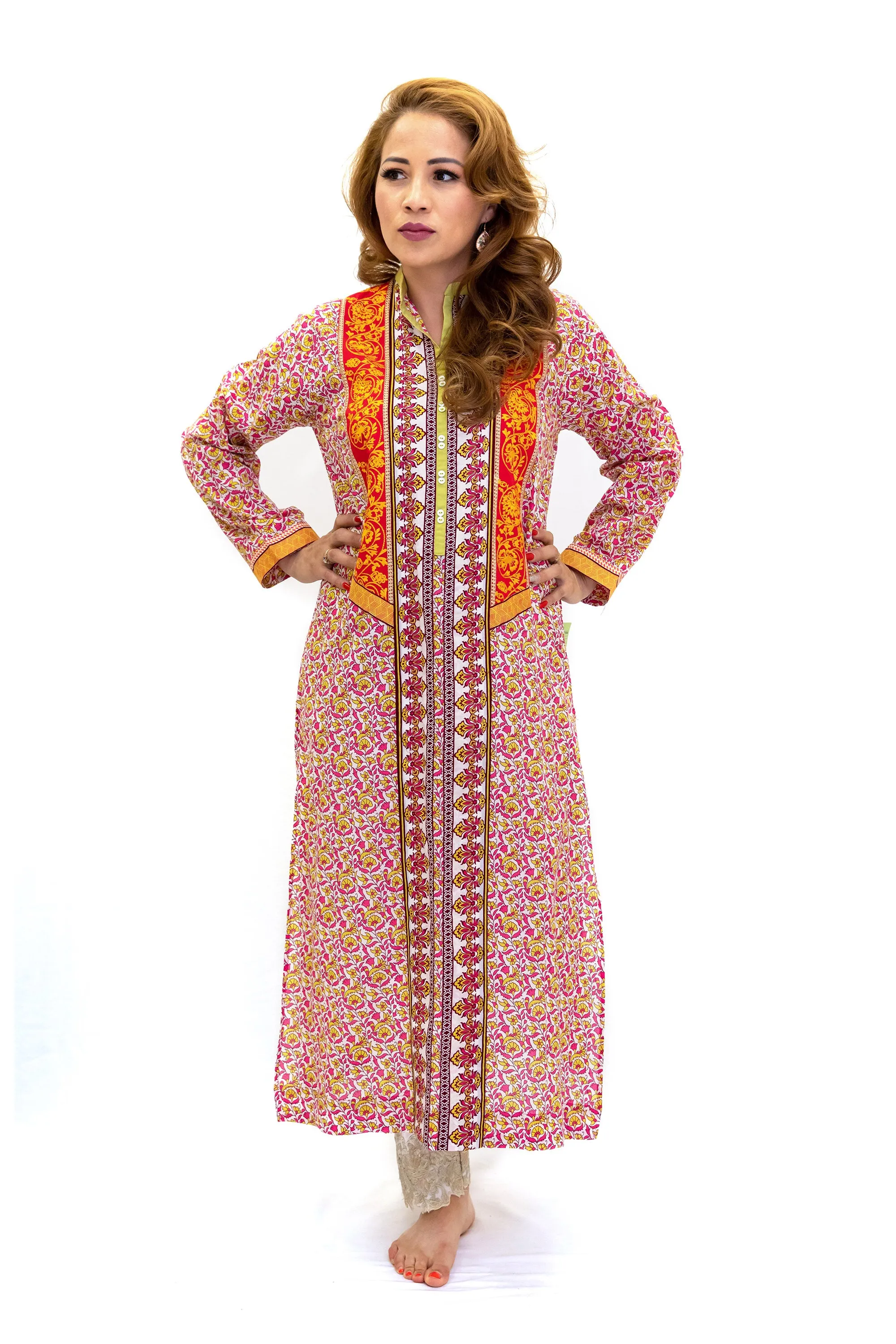 Maroon & Orange Print Cotton Kurti - Shirt