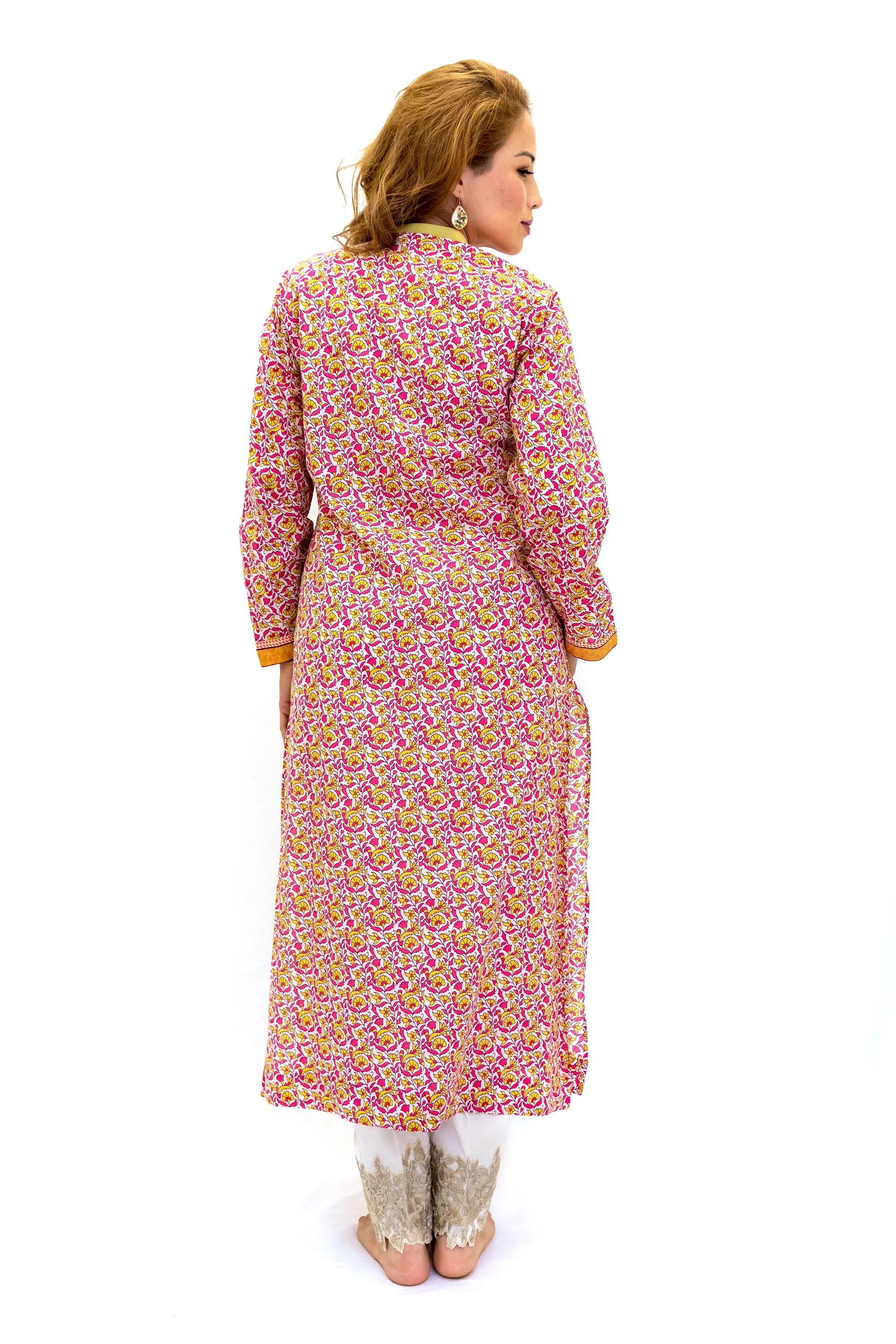Maroon & Orange Print Cotton Kurti - Shirt