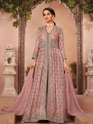 Mauve Pink Georgette Front Slit Long Kurta Set Enriched with Exquisite Threadwork
