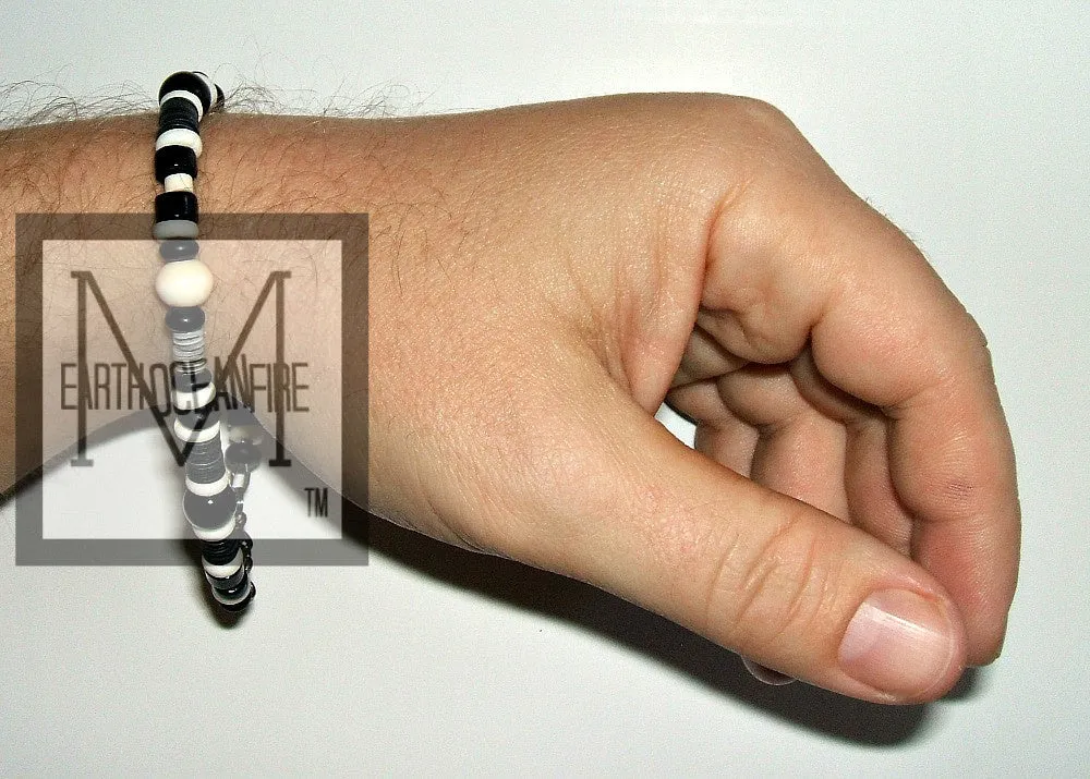 Men's Black and White Onyx Gemstone Beaded Necklace Bracelet Set
