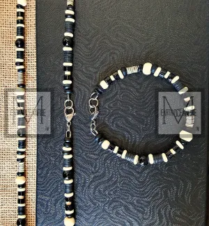 Men's Black and White Onyx Gemstone Beaded Necklace Bracelet Set