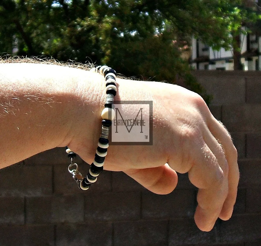 Men's Black and White Onyx Gemstone Beaded Necklace Bracelet Set