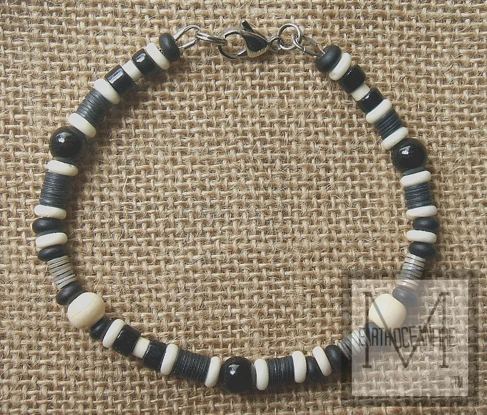 Men's Black and White Onyx Gemstone Beaded Necklace Bracelet Set