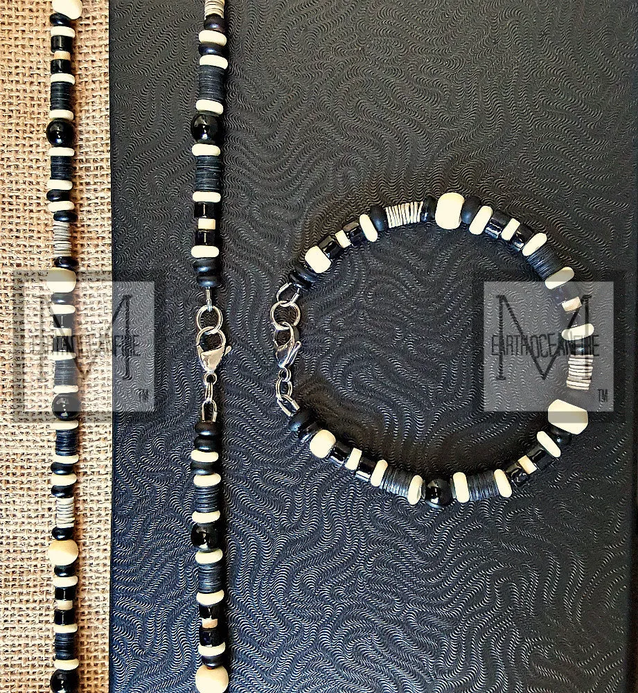 Men's Black and White Onyx Gemstone Beaded Necklace Bracelet Set