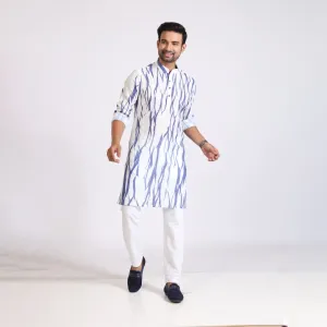 Men's Blue and White Digital Print Cotton Silk Kurta