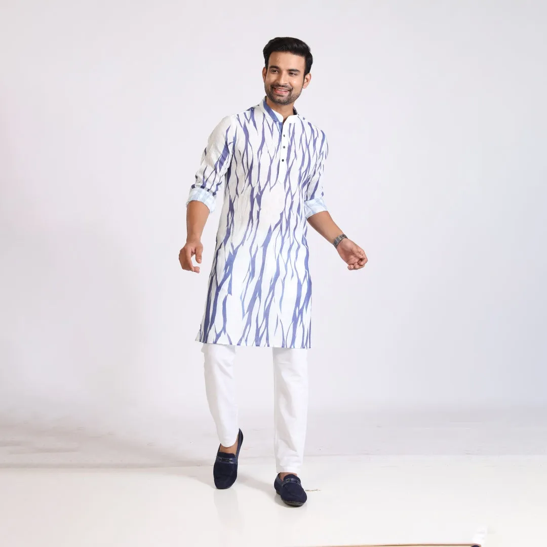 Men's Blue and White Digital Print Cotton Silk Kurta