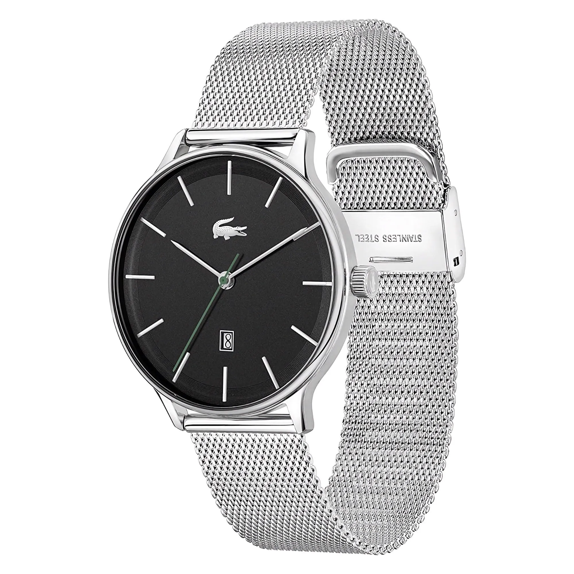 Men's Lacoste Club Black Date Dial Watch Silver Mesh Band