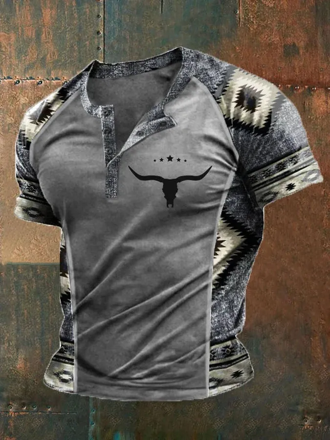 Men's Western Ethnic Print Henley Neck T-Shirt