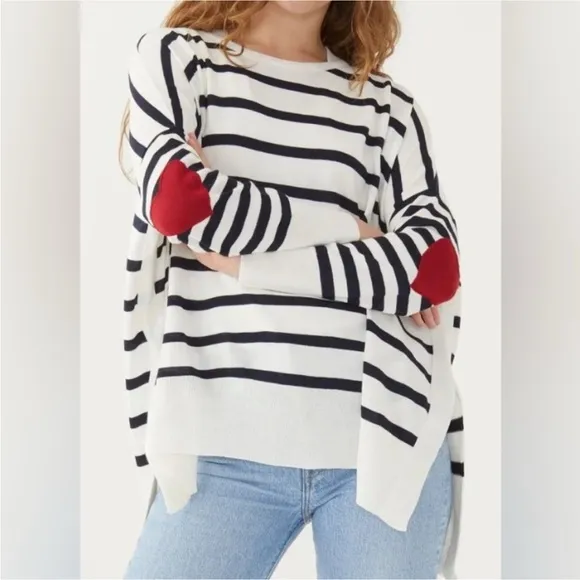 ❤️MERSEA Amour Navy Striped One Size Sweater Sailor Heart Elbow Patch French