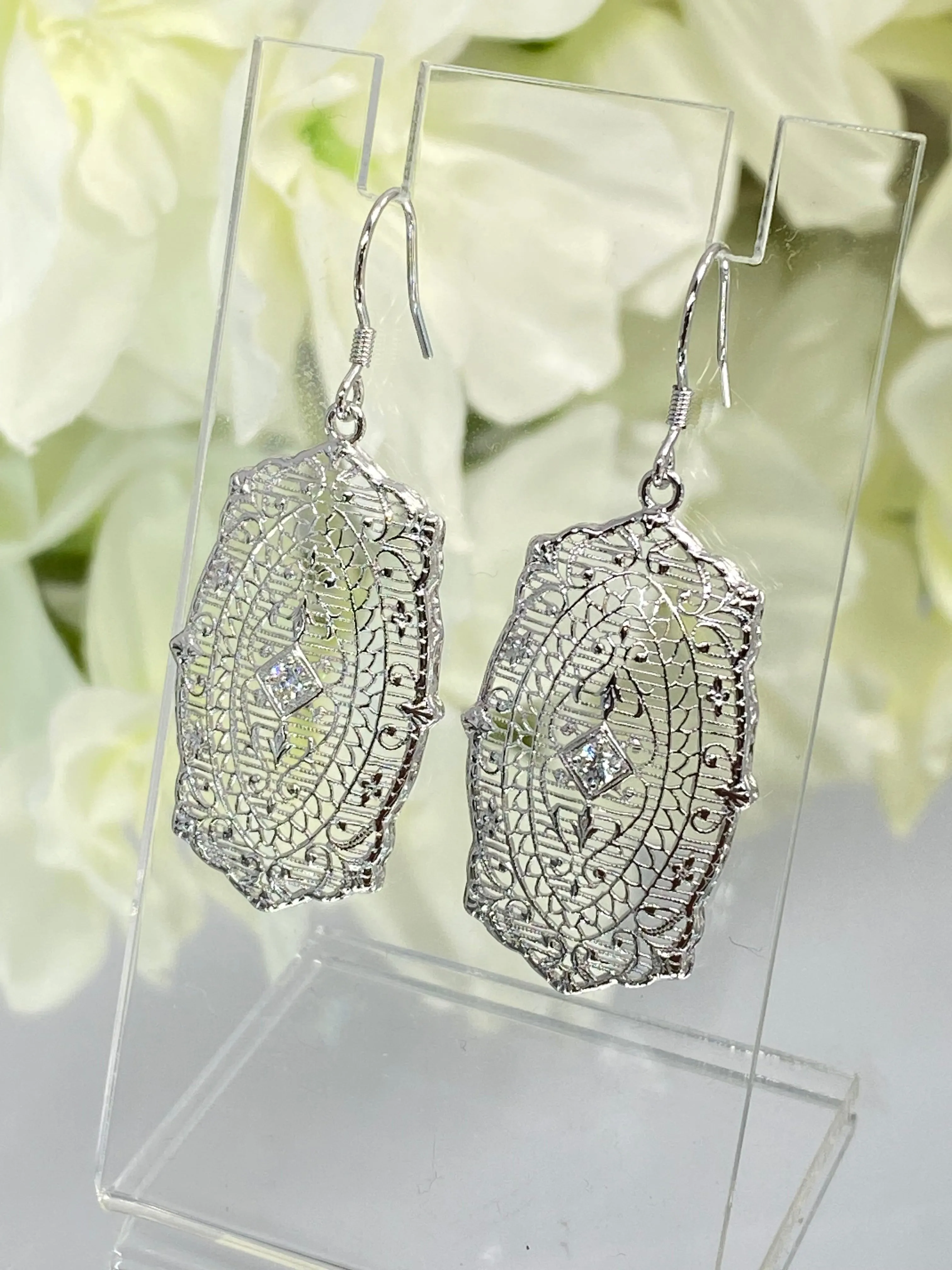 Moissanite Earrings, White Gold plated Filigree, Rococo Inspired Vintage Revival Jewelry #E358