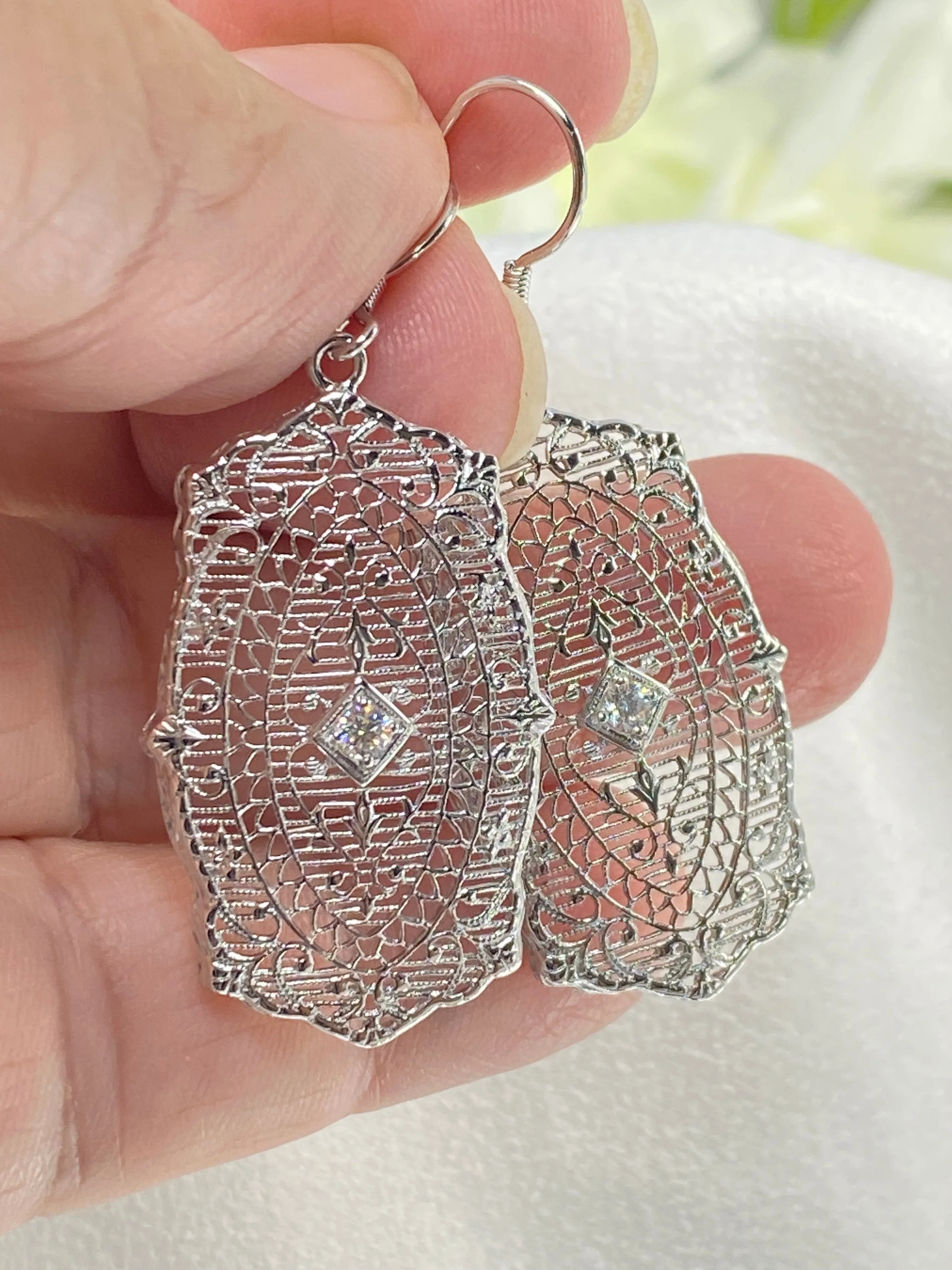 Moissanite Earrings, White Gold plated Filigree, Rococo Inspired Vintage Revival Jewelry #E358