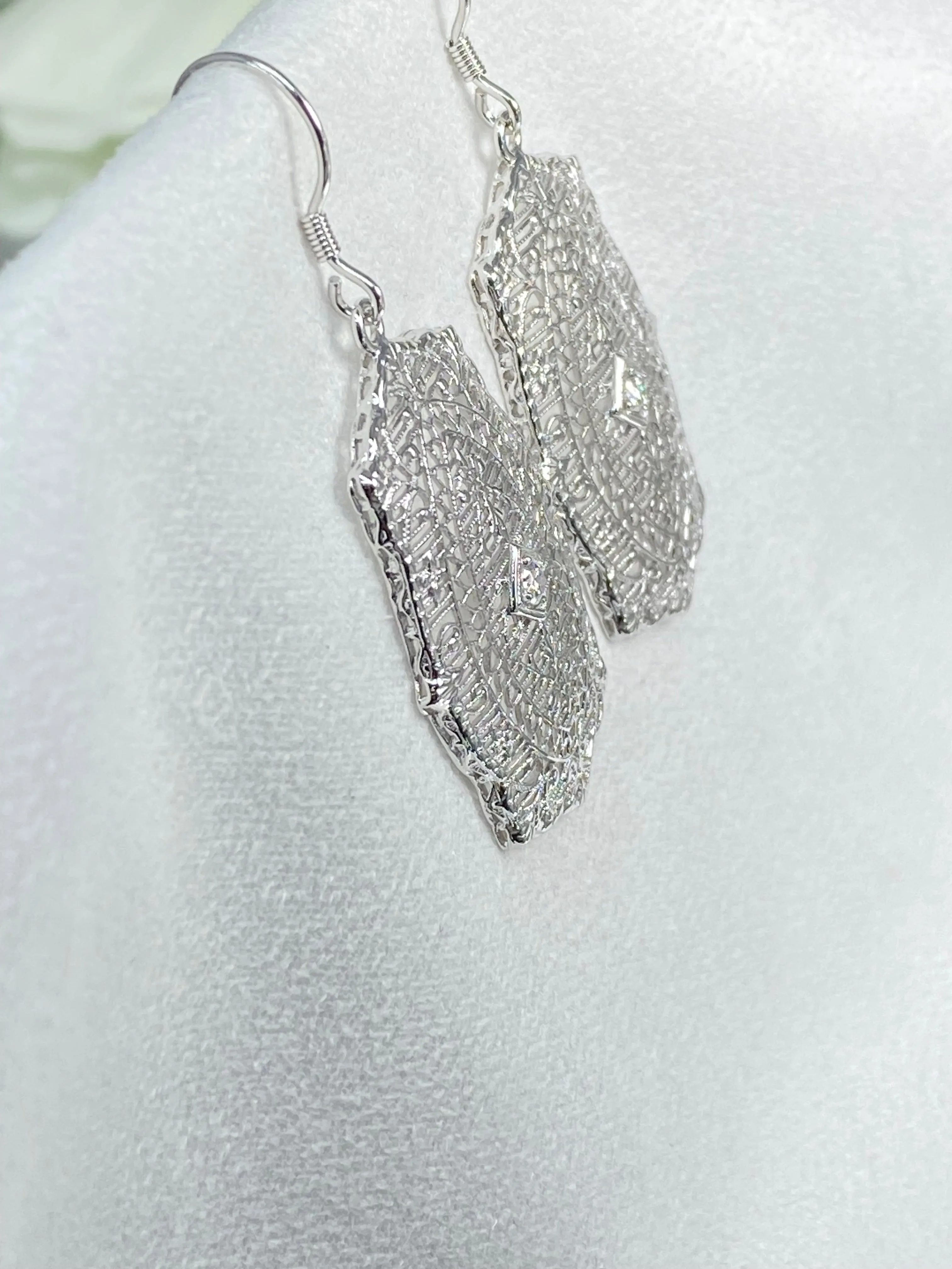Moissanite Earrings, White Gold plated Filigree, Rococo Inspired Vintage Revival Jewelry #E358