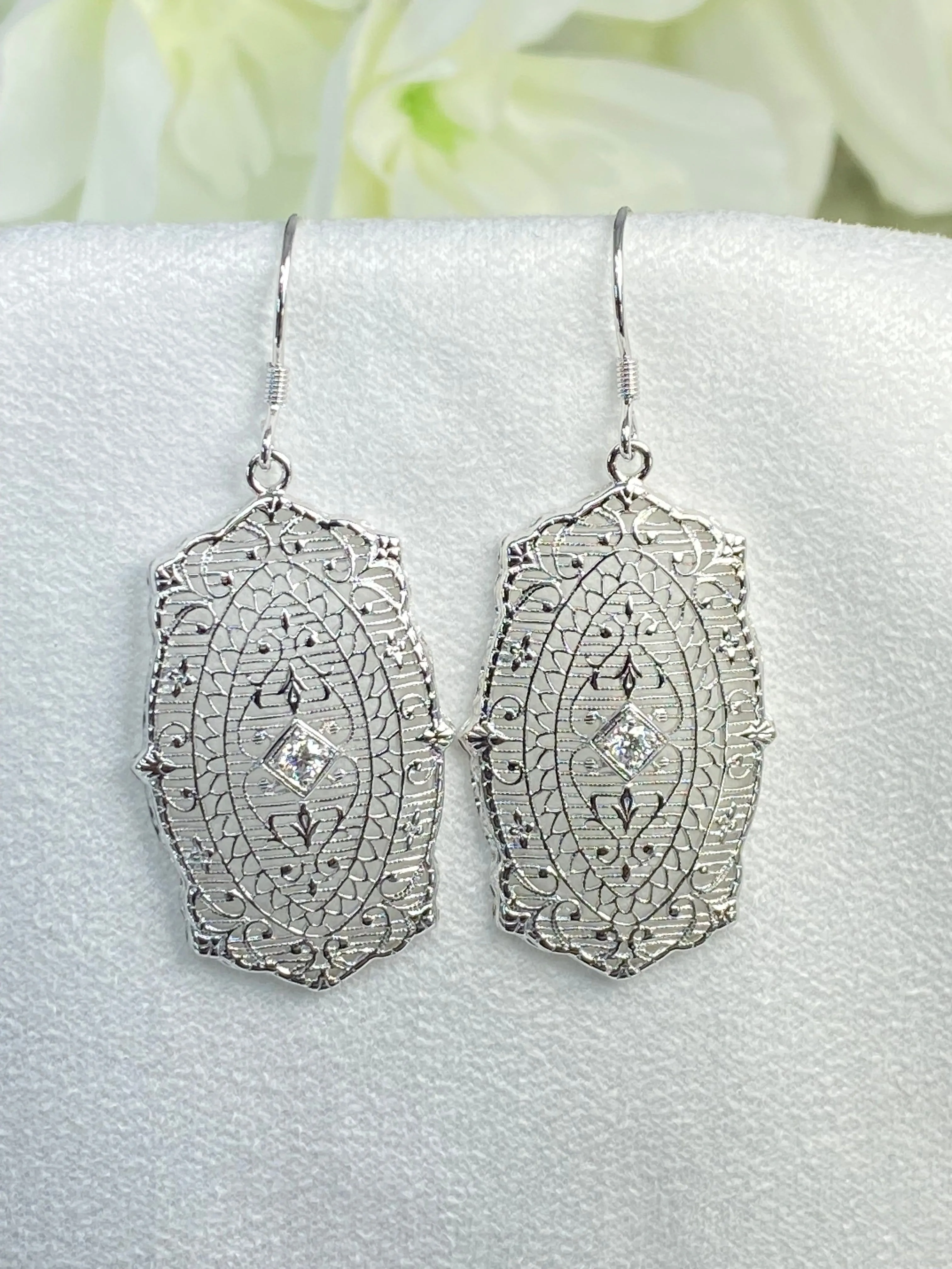 Moissanite Earrings, White Gold plated Filigree, Rococo Inspired Vintage Revival Jewelry #E358