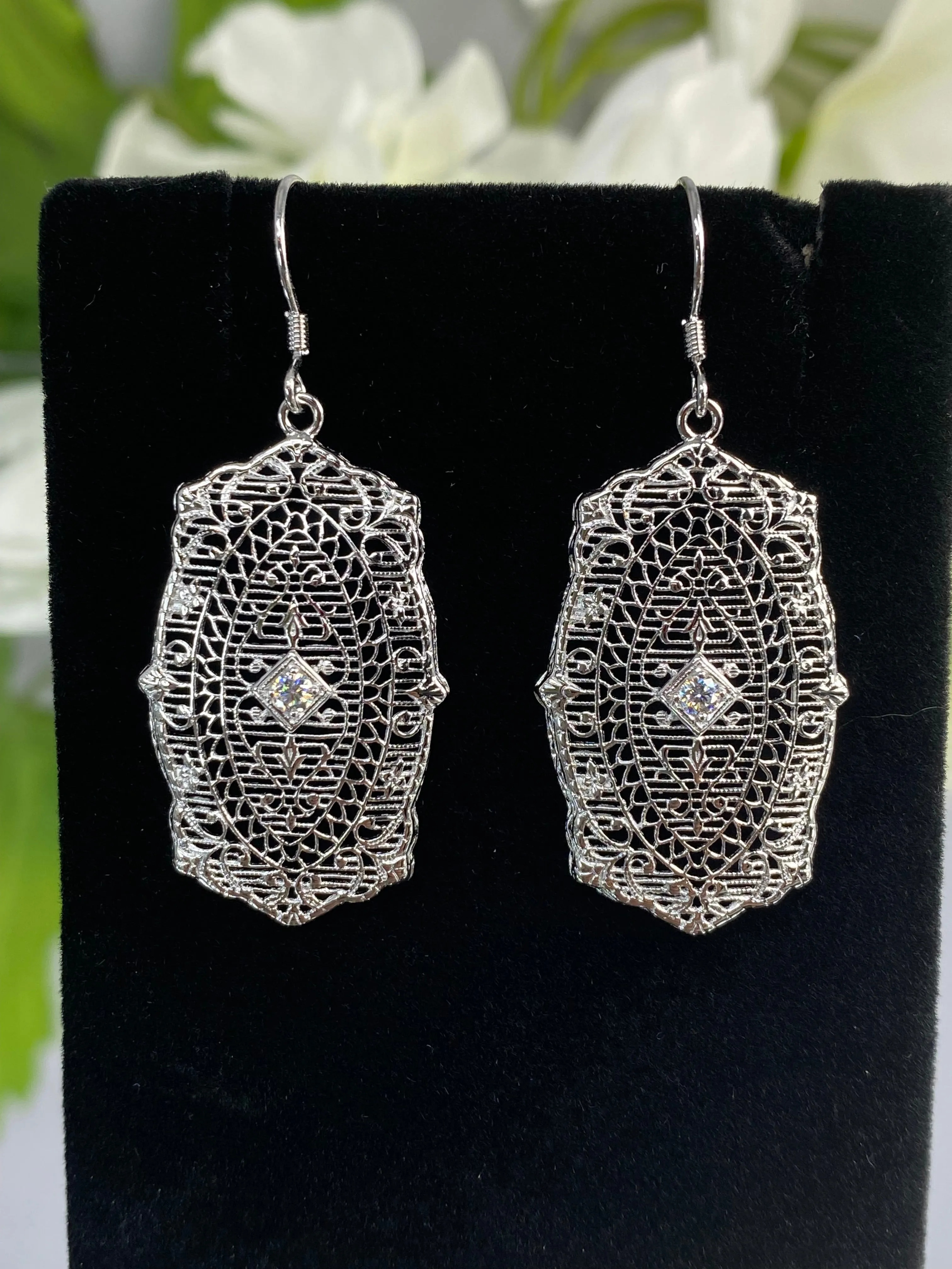 Moissanite Earrings, White Gold plated Filigree, Rococo Inspired Vintage Revival Jewelry #E358