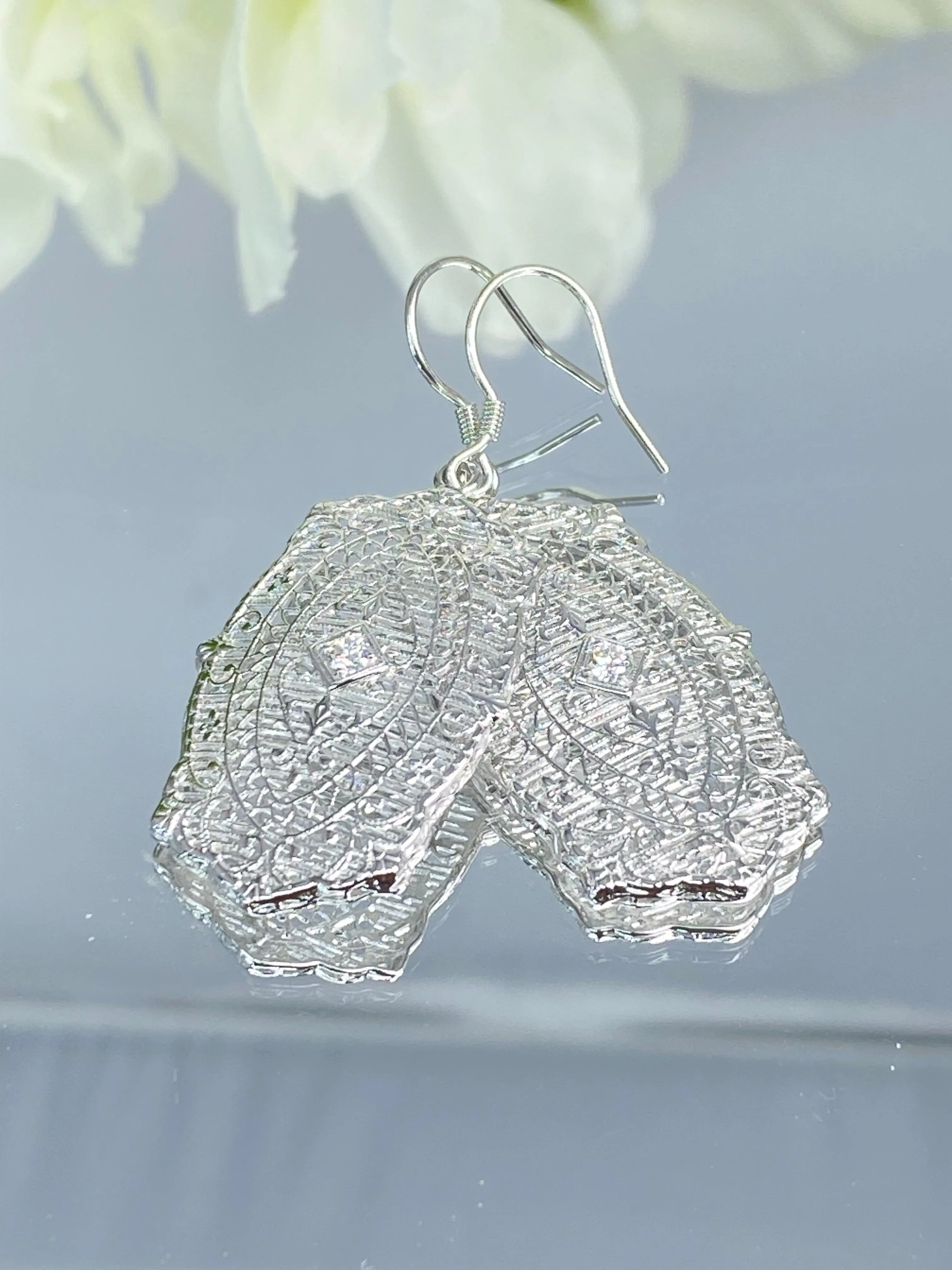 Moissanite Earrings, White Gold plated Filigree, Rococo Inspired Vintage Revival Jewelry #E358