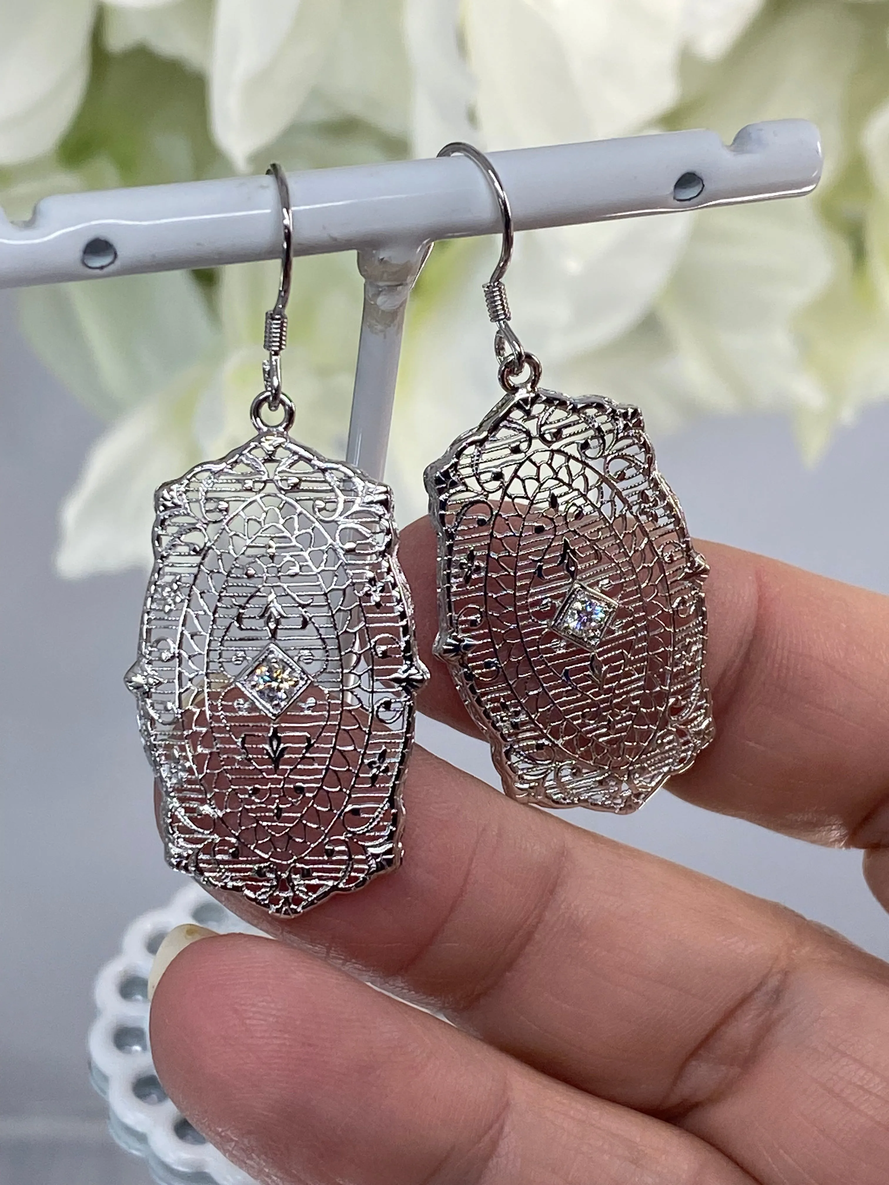 Moissanite Earrings, White Gold plated Filigree, Rococo Inspired Vintage Revival Jewelry #E358