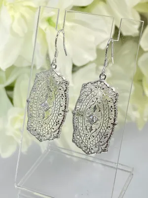 Moissanite Earrings, White Gold plated Filigree, Rococo Inspired Vintage Revival Jewelry #E358