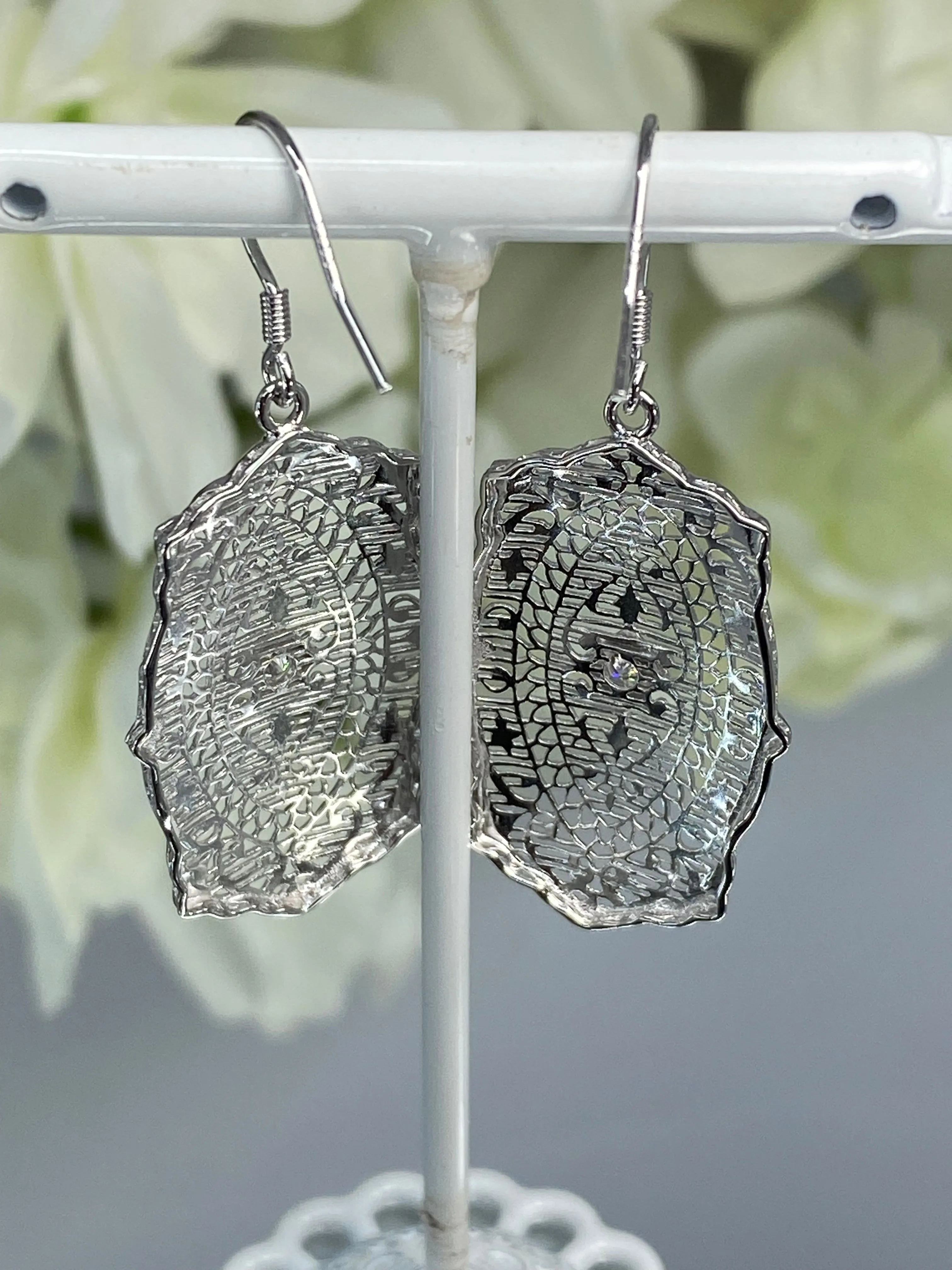 Moissanite Earrings, White Gold plated Filigree, Rococo Inspired Vintage Revival Jewelry #E358