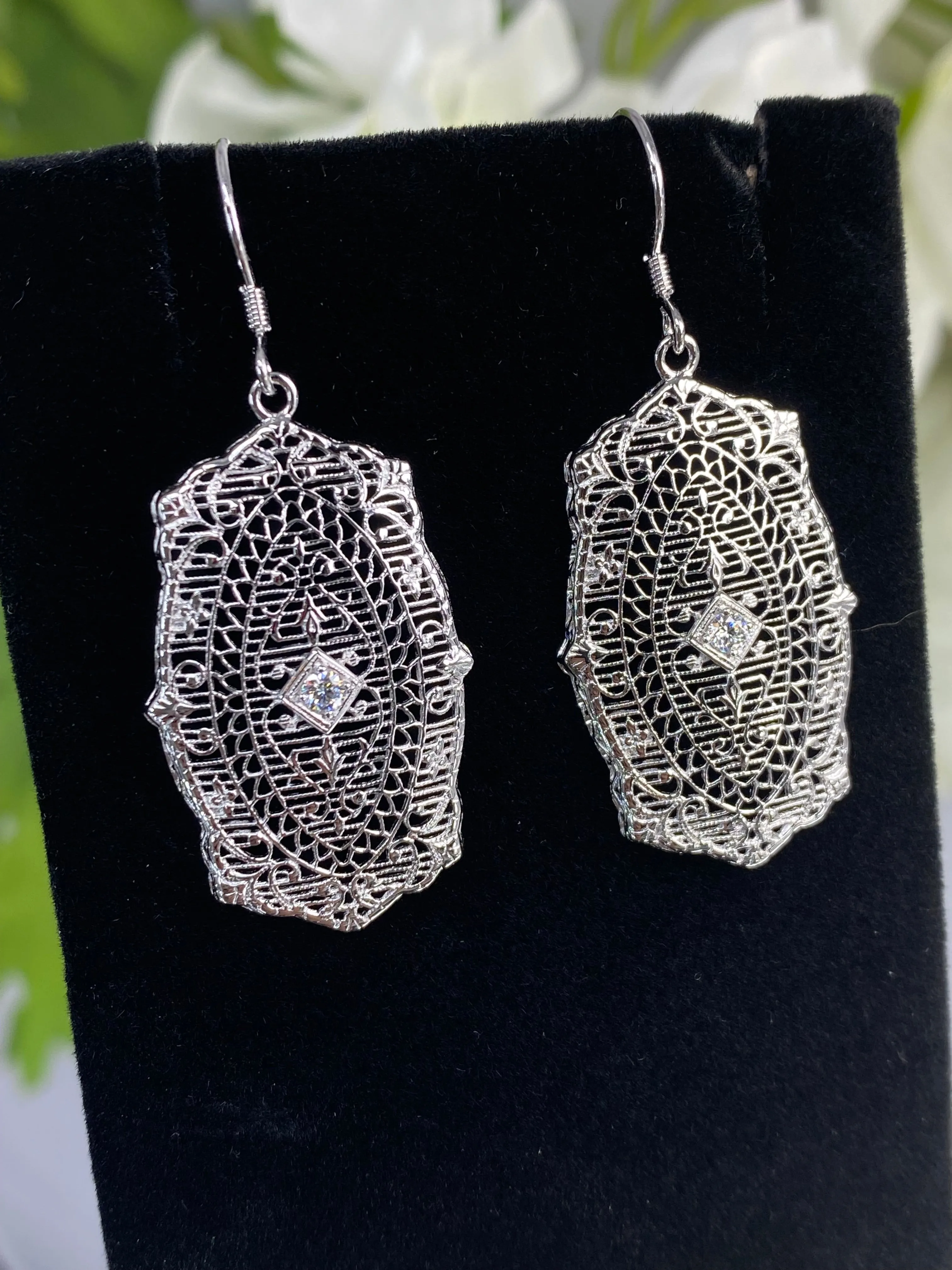 Moissanite Earrings, White Gold plated Filigree, Rococo Inspired Vintage Revival Jewelry #E358