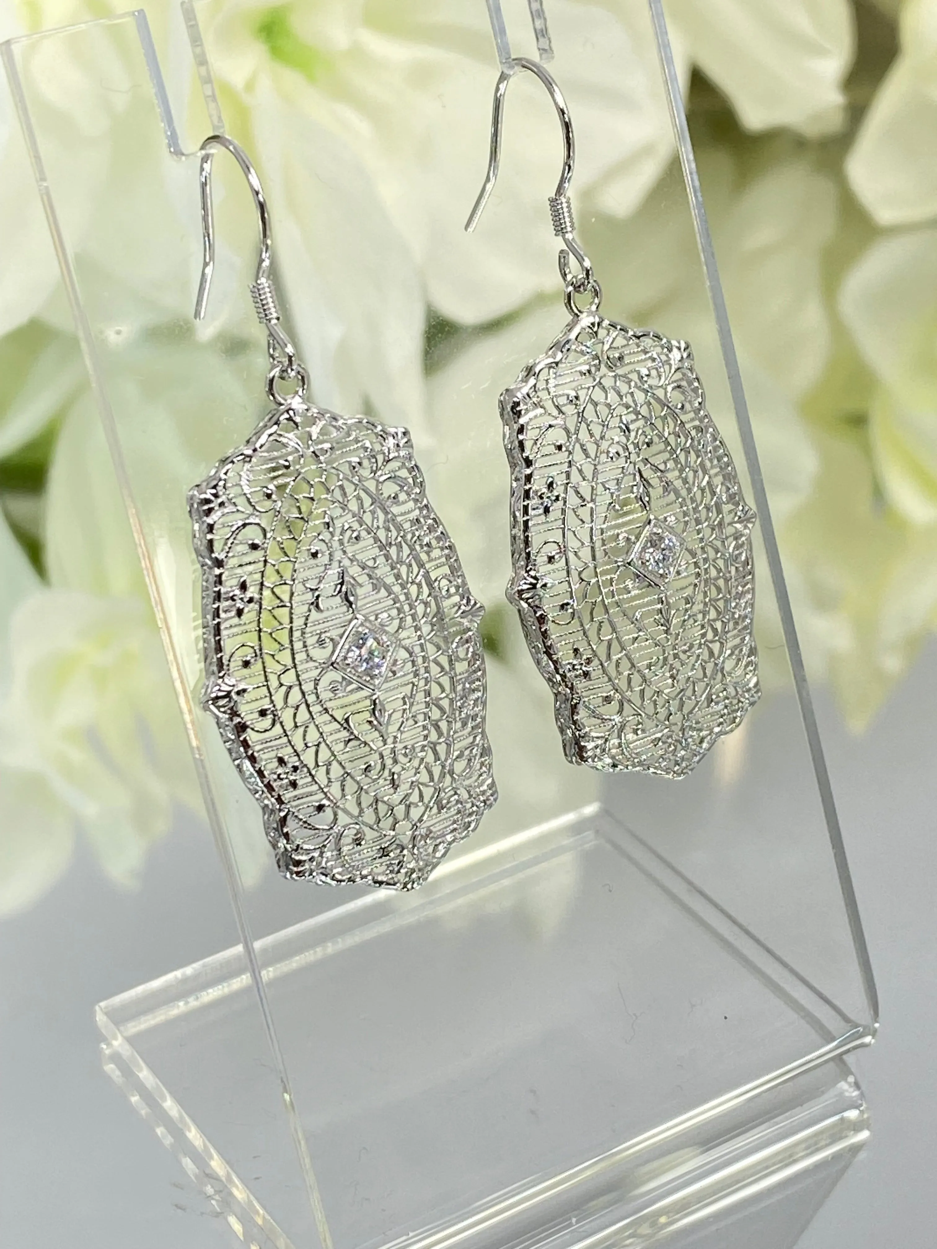 Moissanite Earrings, White Gold plated Filigree, Rococo Inspired Vintage Revival Jewelry #E358