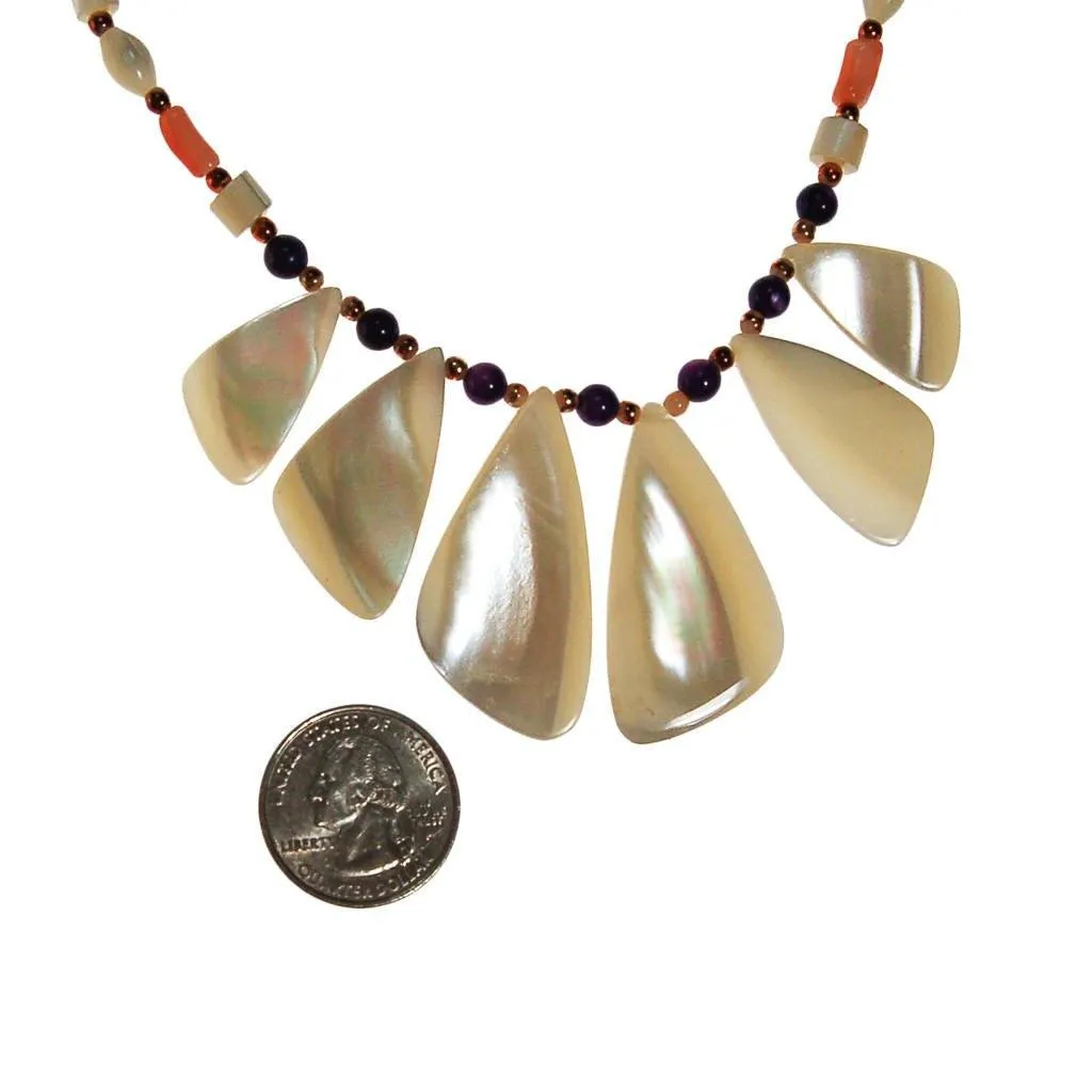 Mother of Pearl, Amethyst, and Coral Beaded Necklace
