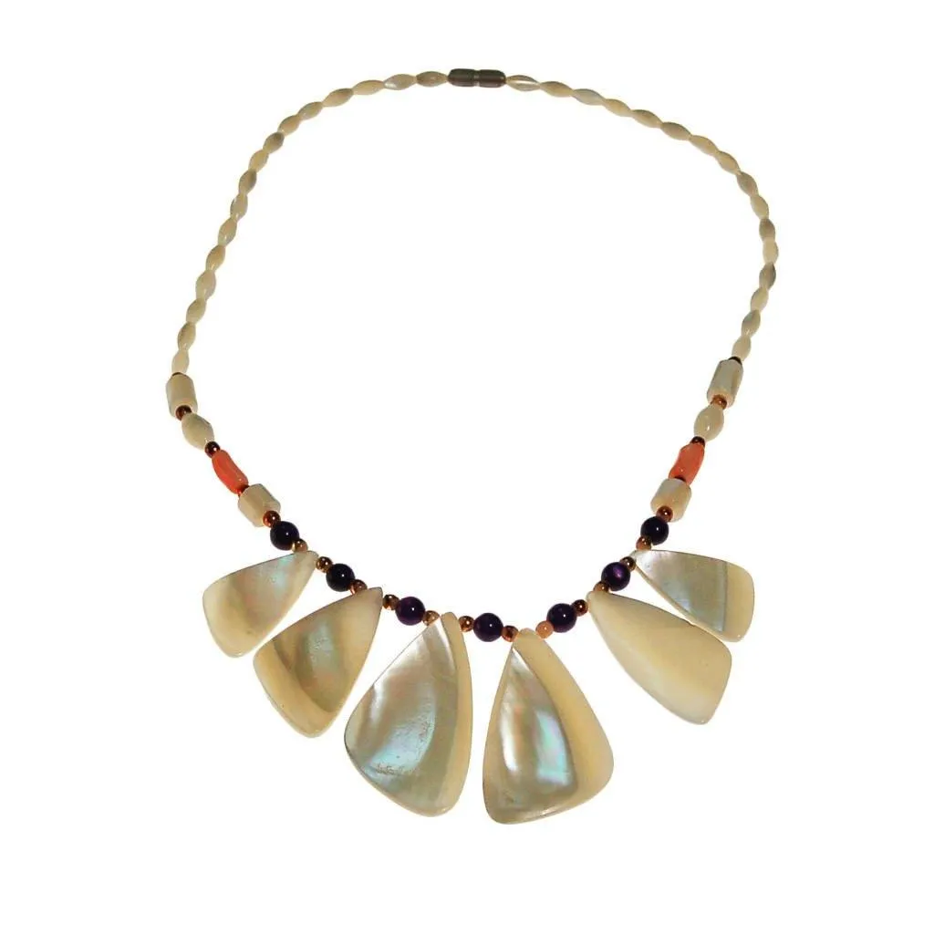 Mother of Pearl, Amethyst, and Coral Beaded Necklace