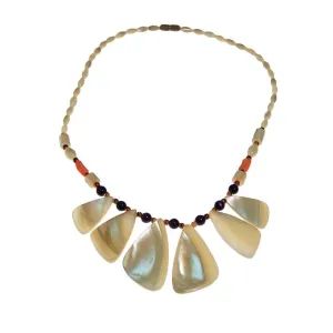 Mother of Pearl, Amethyst, and Coral Beaded Necklace
