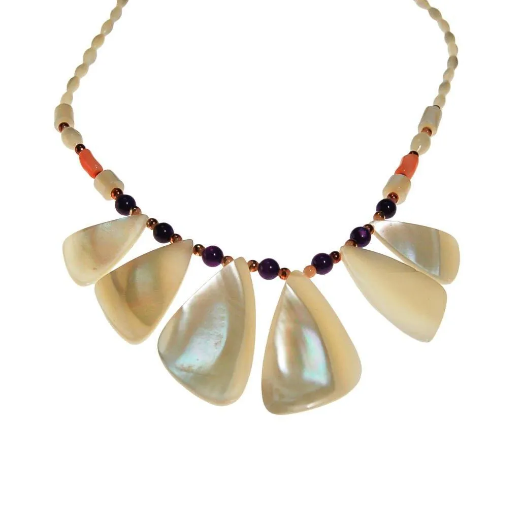 Mother of Pearl, Amethyst, and Coral Beaded Necklace