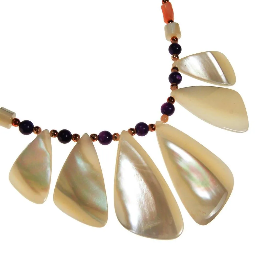 Mother of Pearl, Amethyst, and Coral Beaded Necklace